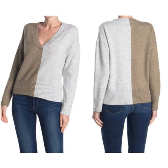 Sweet Romeo Colorblock Vneck Sweater Tan Gray Large Nordstrom NWT - Picture 1 of 7